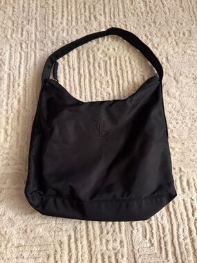 Lauren Ralph Lauren Black Nylon Hobo Shoulder Bag RL Logo Lightweight Classic